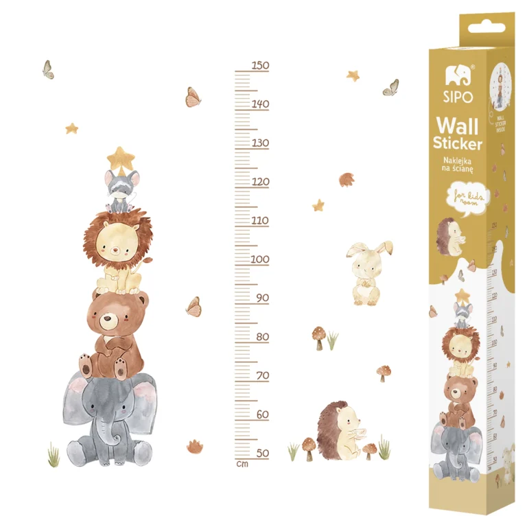 SIPO self-adhesive wall sticker – height chart 50–150 cm with animal pyramid (elephant, bear, lion, mouse) and rabbit and hedgehog; set with product box on a white background.
