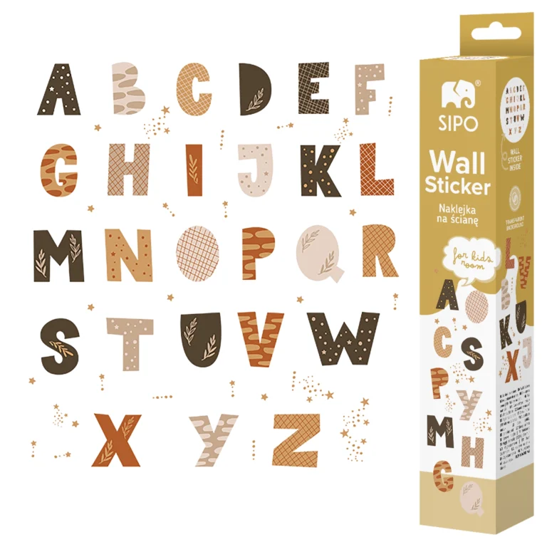 SIPO self-adhesive wall stickers – boho alphabet A–Z in warm brown and beige colours with decorative dots and stars, a set of letters on a white background and the product box on the right.