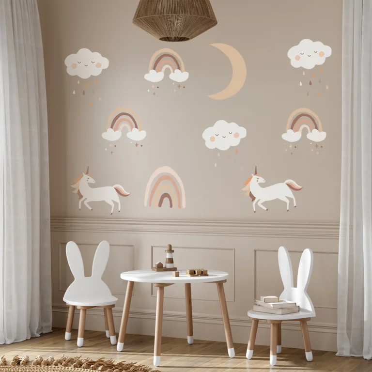 SIPO self-adhesive wall stickers for children's rooms – boho rainbows, clouds with smiley faces and raindrops, crescent moons and unicorns in pastel colours on a beige wall