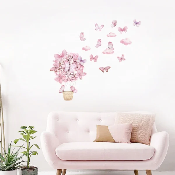 SIPO wall sticker for children, pastel flower balloon and pink butterflies, set of watercolour-style stickers for a bright interior
