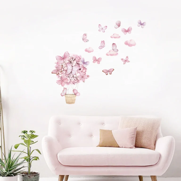SIPO wall sticker for children, pastel flower balloon and pink butterflies, set of watercolour-style stickers for a bright interior