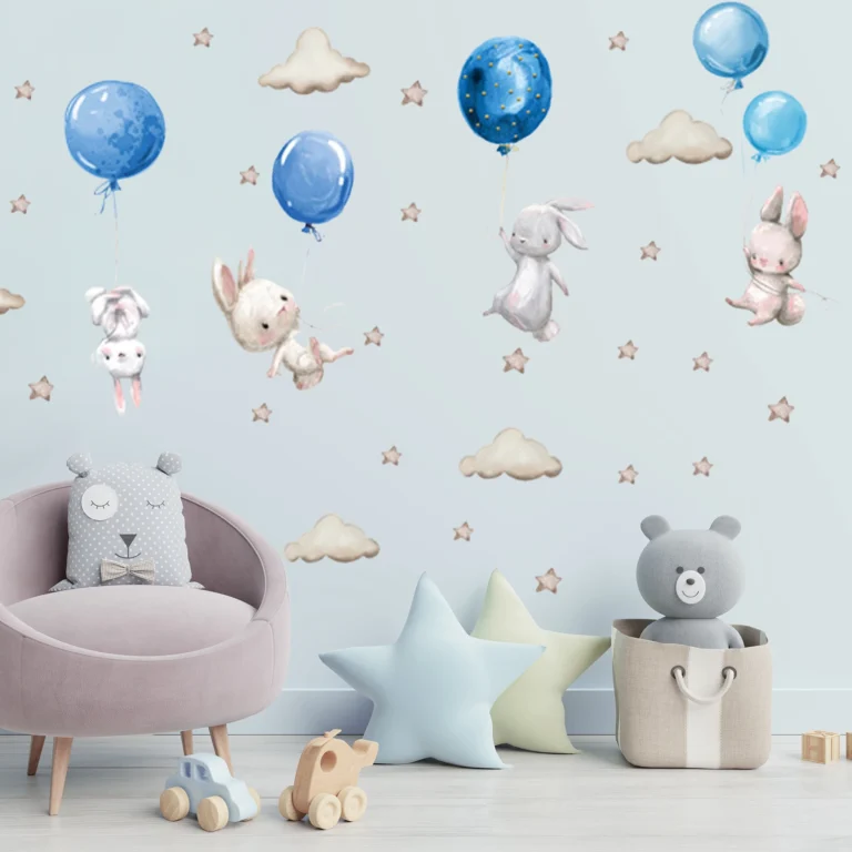 SIPO self-adhesive wall stickers – children's room decor: bunnies floating on blue balloons, clouds and tiny stars