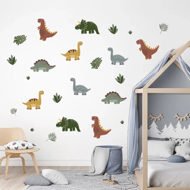 SIPO self-adhesive wall stickers dinosaurs – decoration for a child's room: colourful dinosaurs and leaves