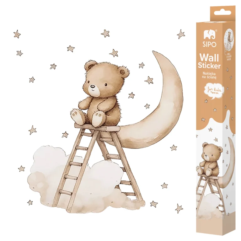 SIPO self-adhesive wall stickers – bear on a ladder by the moon, clouds and stars, set with packaging on a white background.
