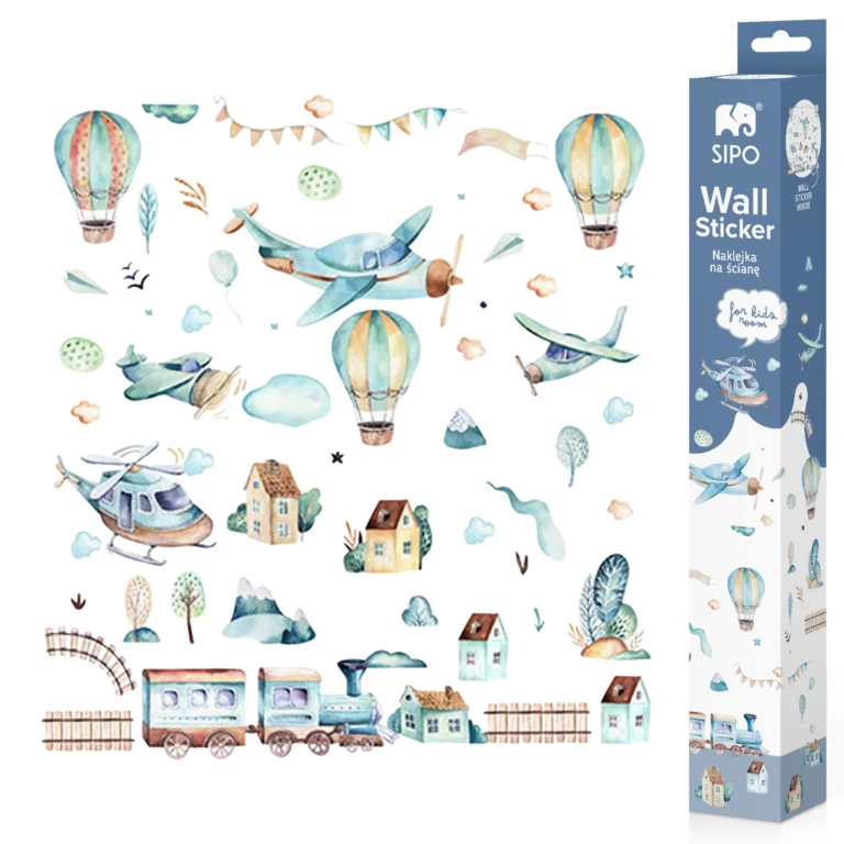 SIPO decorative wall stickers – photo of the set and packaging with motifs of vehicles and clouds, aeroplanes and balloons.