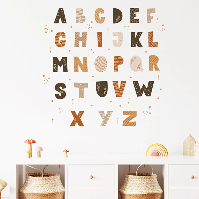 SIPO self-adhesive wall stickers – boho alphabet A–Z in beige and brown letters on a white wall in a child's room, with stars.