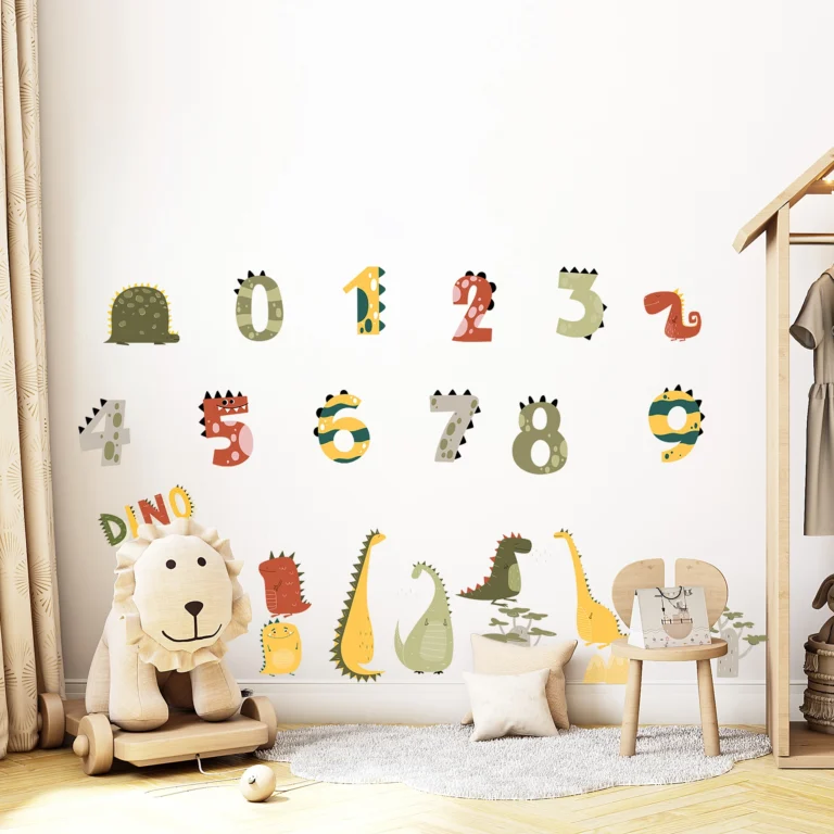 SIPO wall stickers – dinosaur numbers 0–9 in a child's room, colourful numbers and small dinosaurs on a white wall