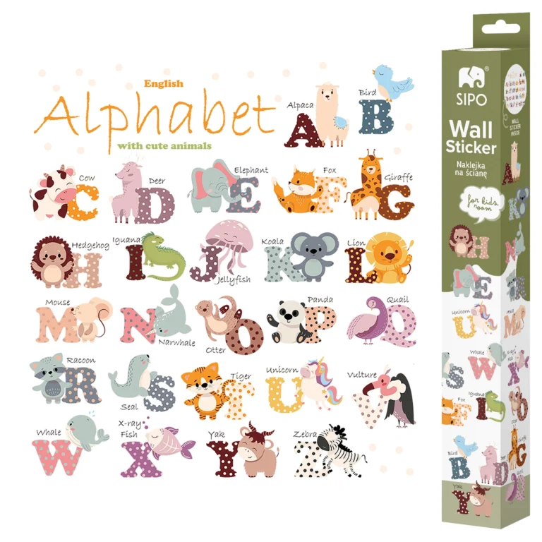 SIPO educational wall sticker set – English alphabet with animals, shown next to the original box.