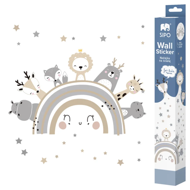 SIPO self-adhesive wall stickers – smiling rainbow, animals (lion, bear, giraffe, fox) and stars, set with packaging