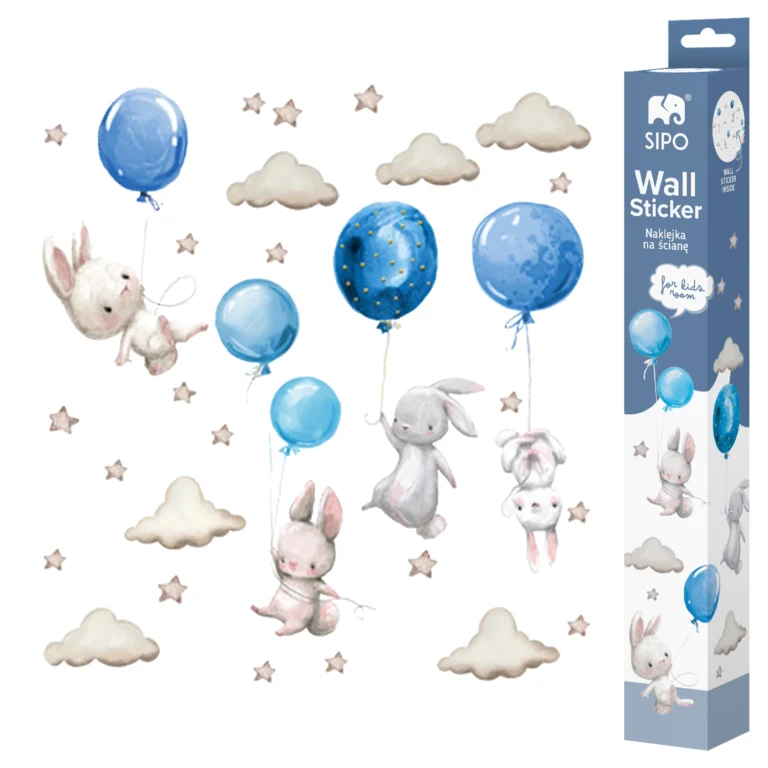 SIPO decorative wall stickers for boys, set of bunnies on blue balloons, clouds and stars, and an original box.