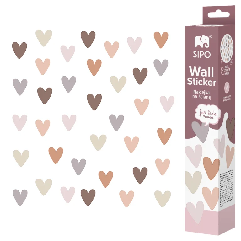 SIPO self-adhesive wall stickers in the shape of hearths in pastel shades (beige, powder pink, brown, grey) on a white background, set with Wall Sticker product packaging.