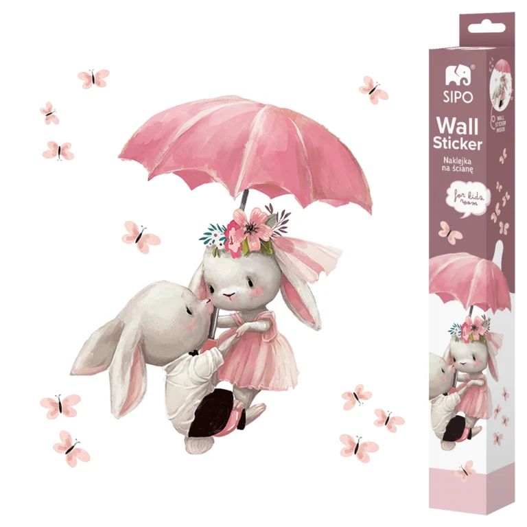 SIPO wall stickers – pastel bunnies under a pink umbrella with butterflies, a charming decoration for a child's room; product graphic with visible SIPO packaging.