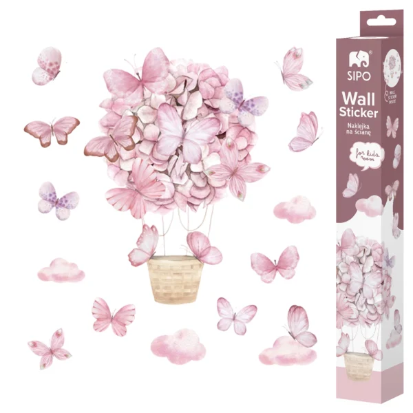 SIPO wall stickers for children, set with pink balloon with flowers, butterflies and clouds, and original packaging.