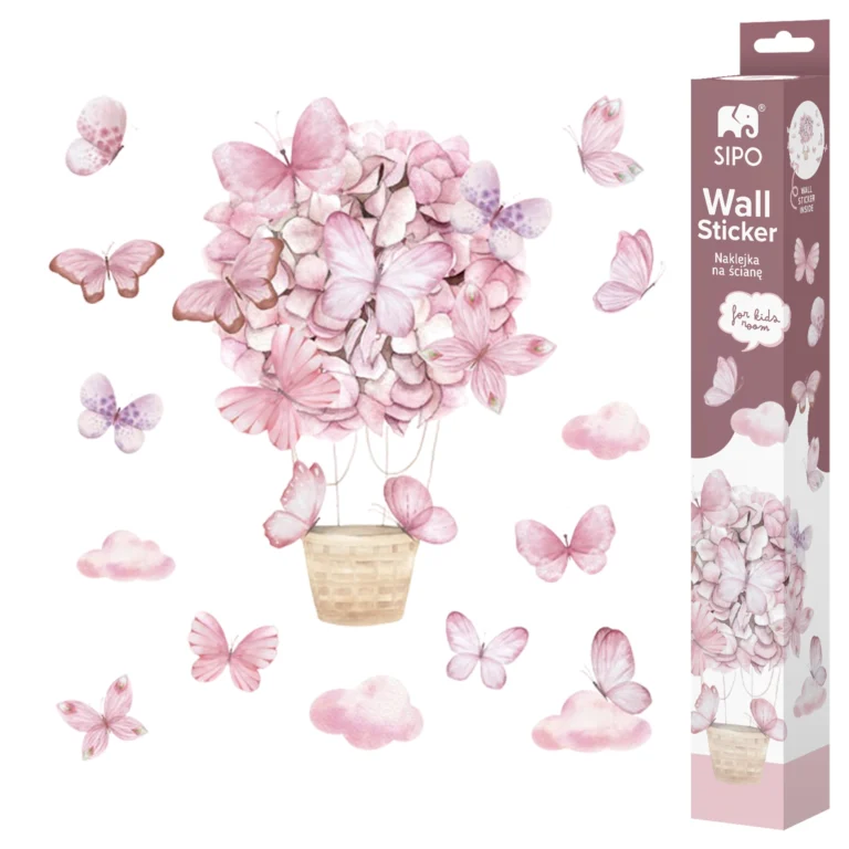 SIPO wall stickers for children, set with pink balloon with flowers, butterflies and clouds, and original packaging.