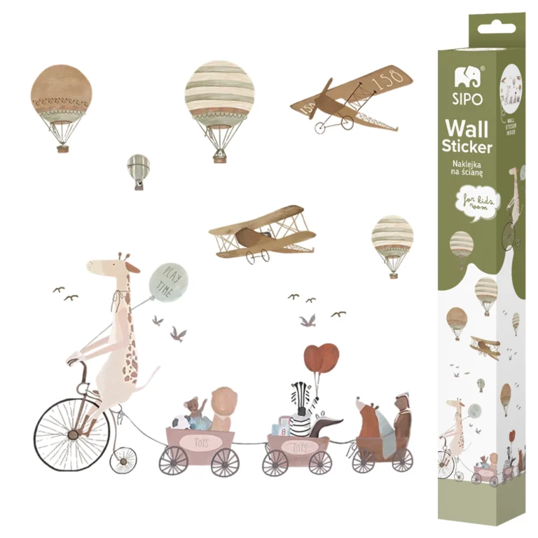 SIPO self-adhesive wall stickers – travelling giraffe on a bicycle, balloons and aeroplanes, animals in prams