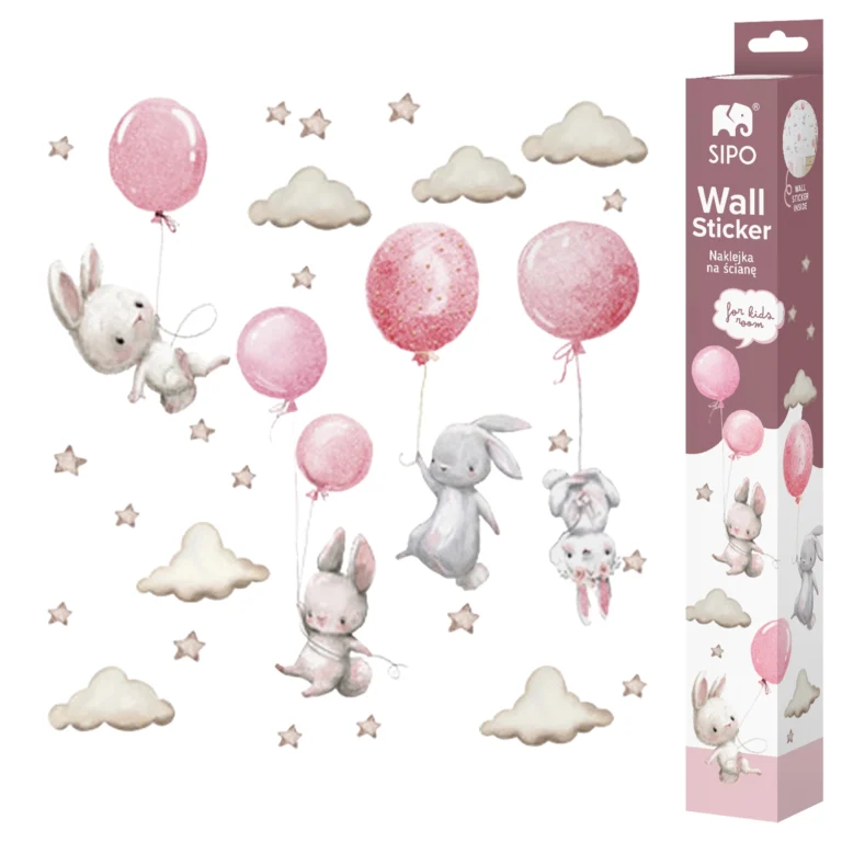 SIPO wall stickers – set of bunnies on pink balloons with clouds and stars + visible packaging SIPO Wall Sticker