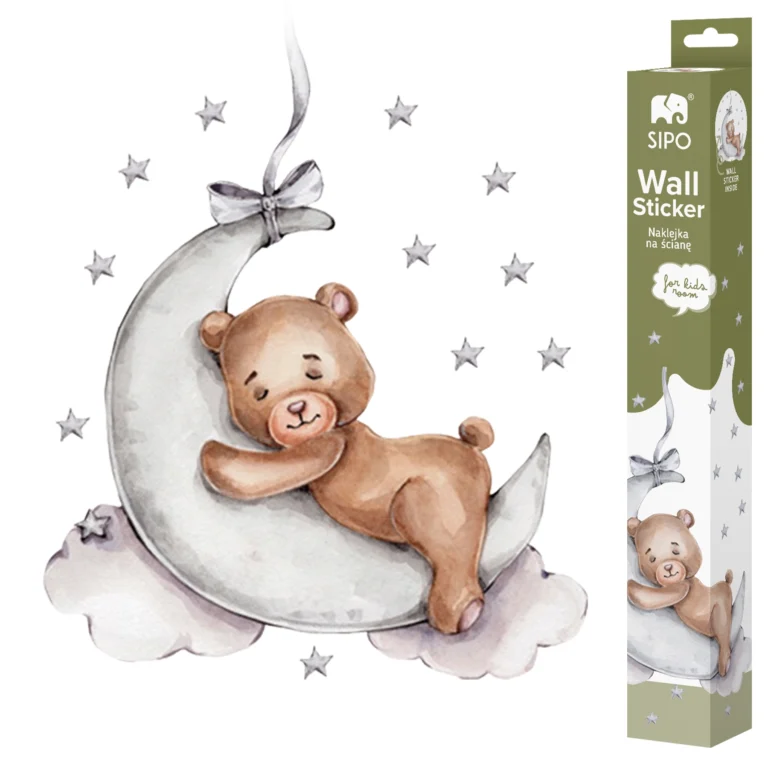 SIPO wall sticker bear on the moon – product packaging Wall sticker with an illustration of a sleeping bear and grey stars.