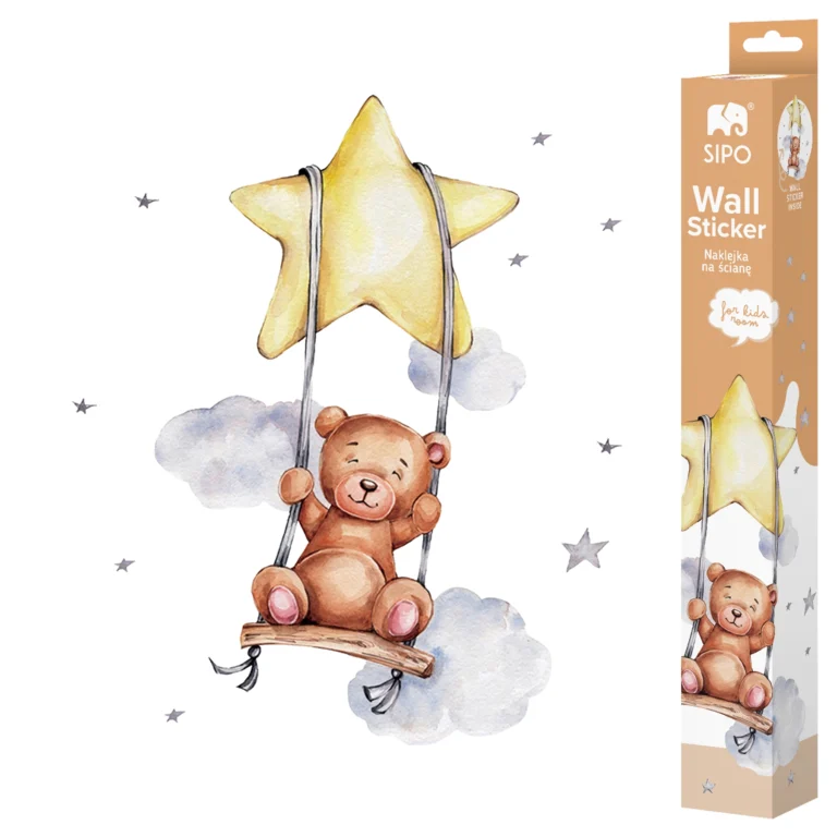 SIPO self-adhesive wall stickers – watercolour bear on a swing under a yellow star, clouds and stars + set packaging on a white background.