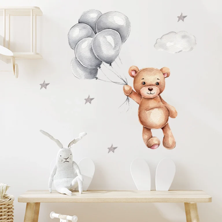 SIPO wall sticker for a child's room: teddy bear with balloons, cloud and stars; arrangement above a wooden bench