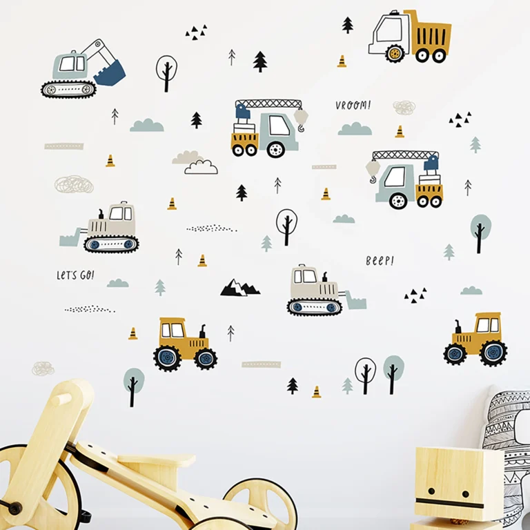 SIPO self-adhesive wall stickers – construction vehicles (excavator, tipper truck, cranes, bulldozers, tractors) with trees and clouds on a white wall in a children's room.