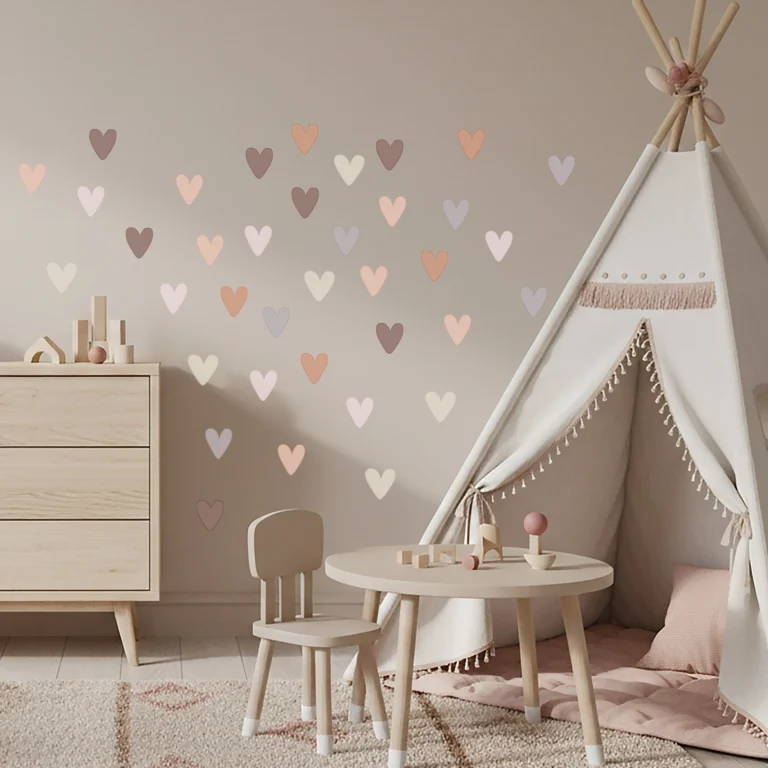 SIPO self-adhesive wall stickers in pastel colours on a beige wall in a child's room – a teepee tent, a small table and chair, and a wooden chest of drawers.