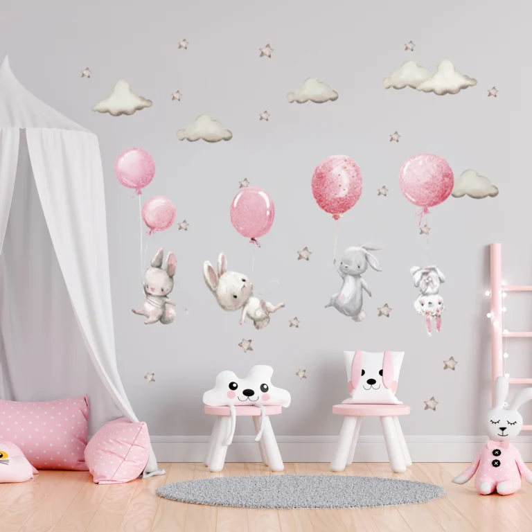 SIPO wall stickers – cute bunnies floating on pink balloons, clouds and tiny stars, pastel watercolour decoration for a child's room