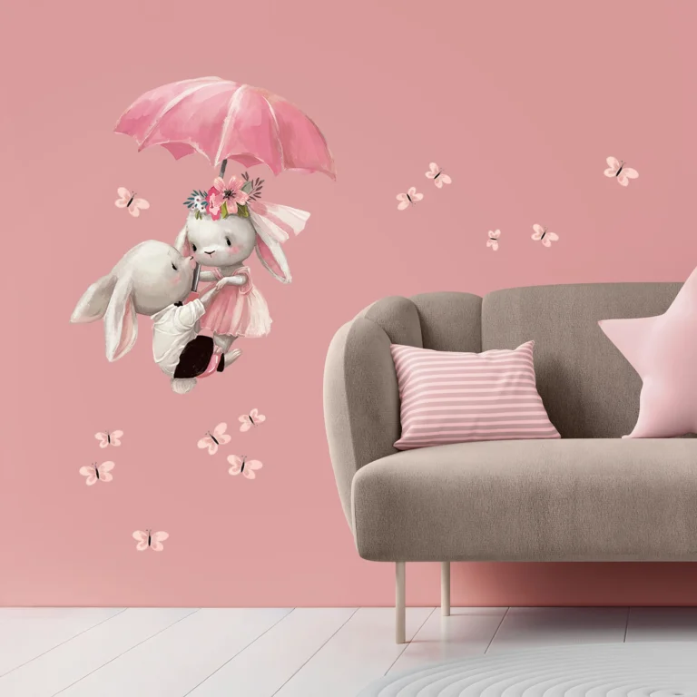 SIPO wall stickers – bunnies under a pink umbrella and butterflies, delicate watercolour decoration for a pink wall in a child's room.