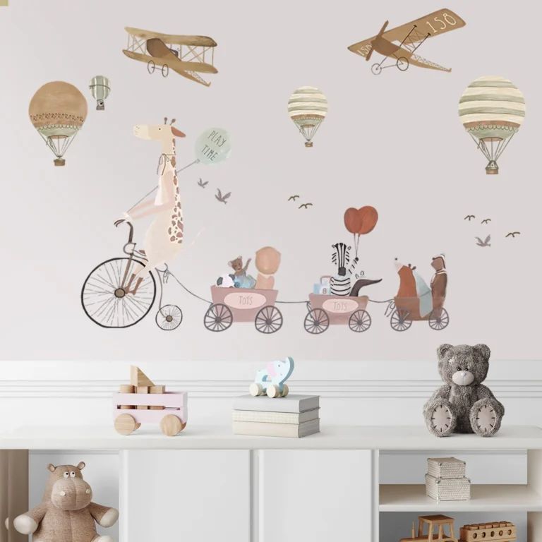 SIPO wall stickers – giraffe on a bicycle, balloons and aeroplanes, pastel decoration for a child's room
