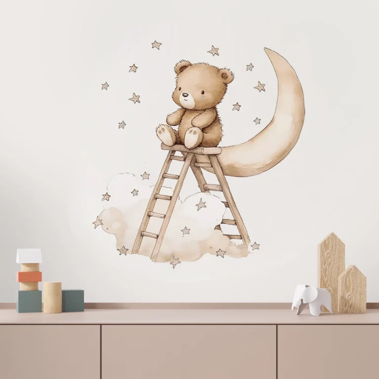 SIPO self-adhesive wall stickers – bear on a ladder on clouds with the moon and stars, children's room decor.