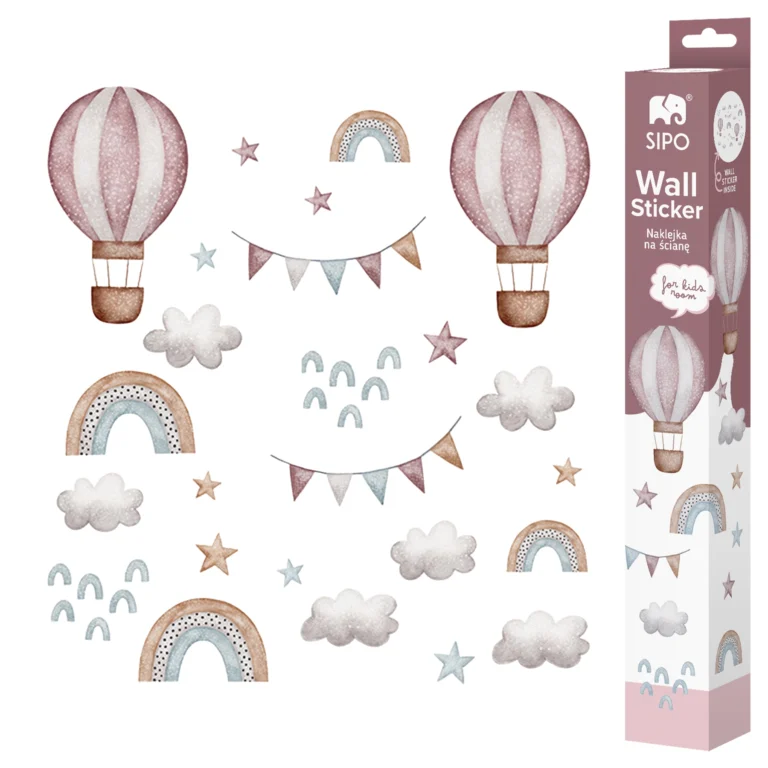 SIPO wall sticker – a set of pastel hot air balloons with pink stripes, a rainbow in beige and blue shades, fluffy clouds, garlands of flags and small stars for a child's room, shown with packaging
