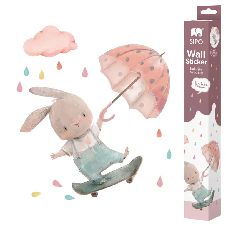 SIPO sticker pack featuring a bunny riding a skateboard under a cloud with pastel rain, holding a colourful umbrella in his hand.