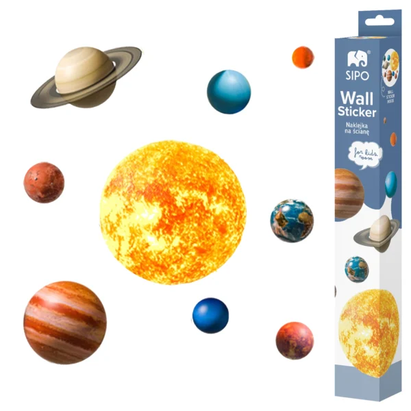 SIPO Wall Sticker set – solar system (Sun and planets) on a white background, with the product packaging on the right.