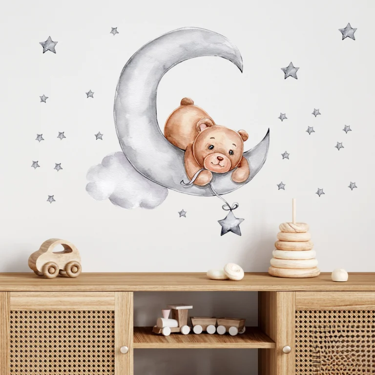SIPO sticker for a child's room: a bear on the moon with a starry garland and a cloud, example on the wall