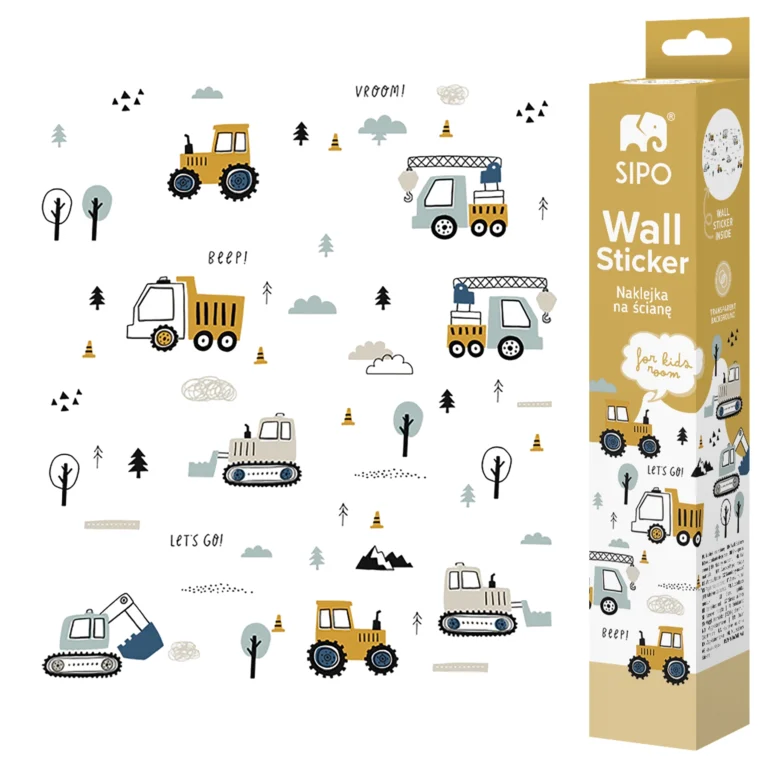 SIPO self-adhesive wall stickers – set of construction vehicles (excavator, crane, tipper truck, bulldozer, tractors) with a forest theme (trees, clouds, mountains, cones), sticker sheet and product box on a white background.