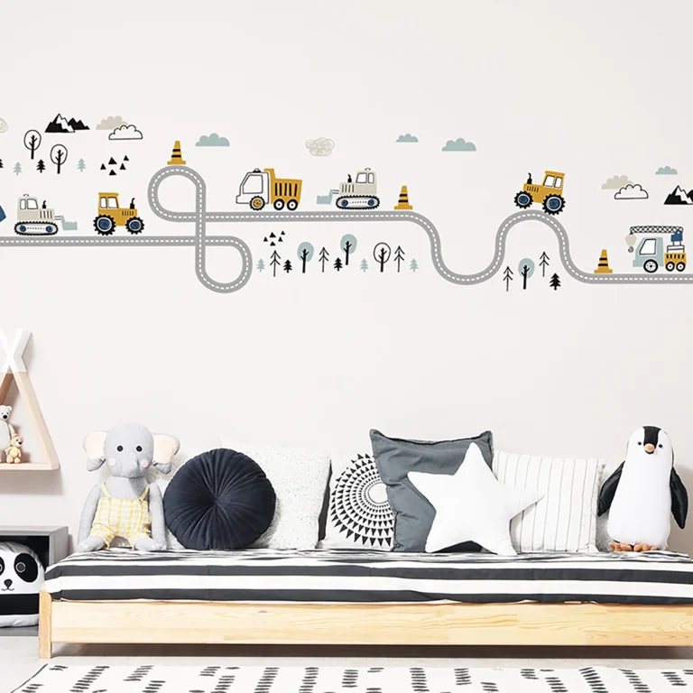 SIPO wall stickers for children – a long road with a road and construction vehicles (excavator, tipper truck, crane) above the bed in a bright children's room.