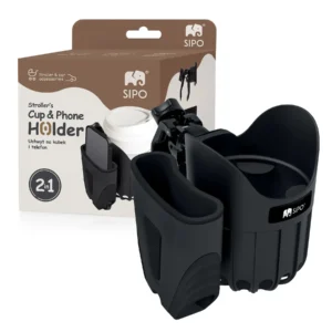 SIPO Stroller’s Cup & Phone Holder displayed next to the retail packaging