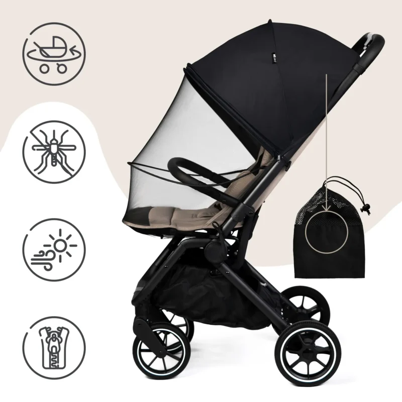 Sipo moskitiera i osłona przeciwsłoneczna do wózka – osłona 2w1 założona na wózek, pokazana z pokrowcem i ikonami najważniejszych cech produktu.