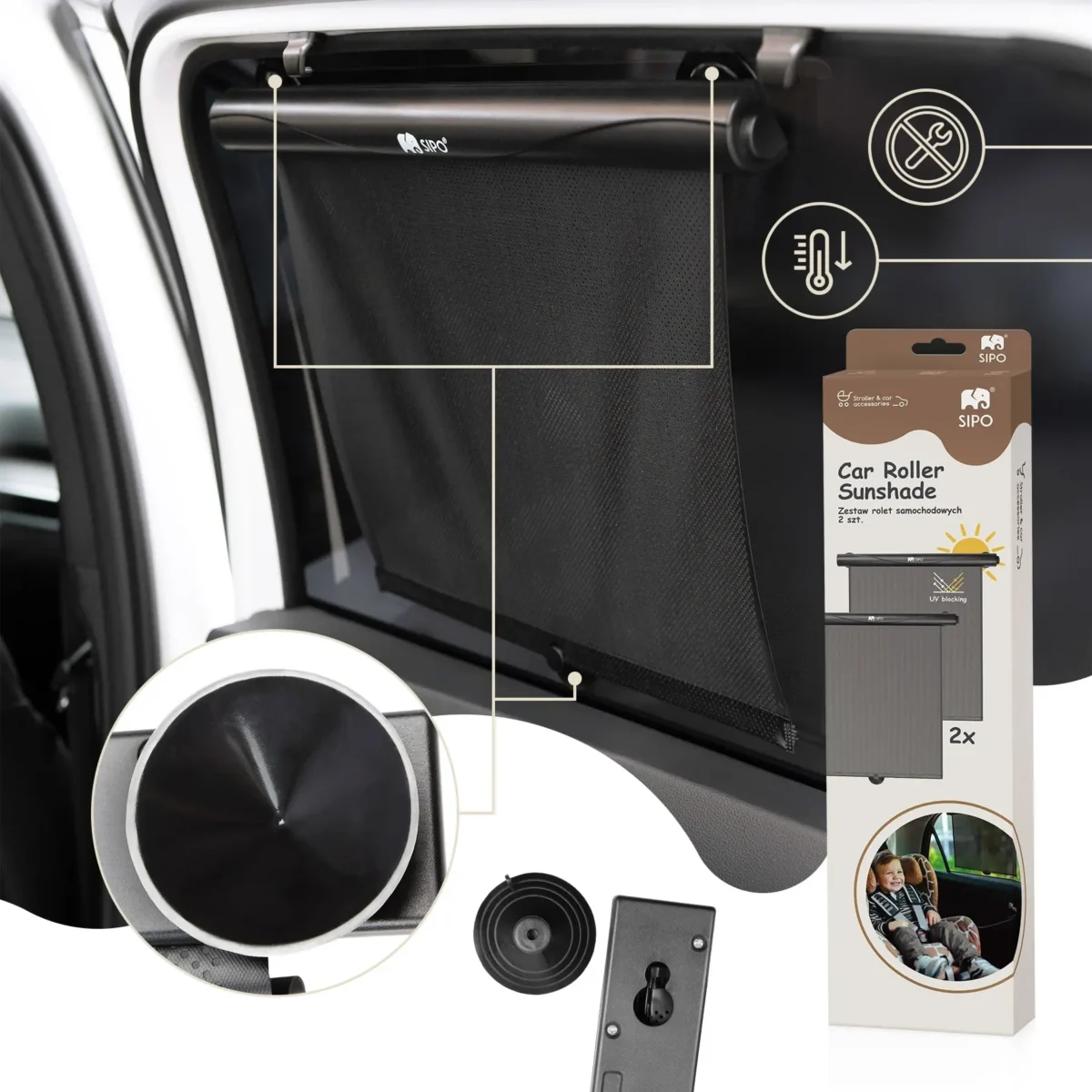 SIPO Car Roller Sunshade installed on a car window
