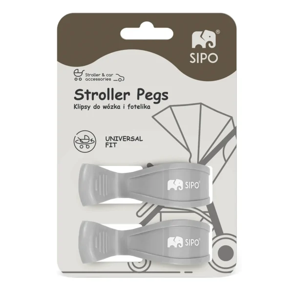 Sipo klipsy do wózka i fotelika – opakowanie z dwoma szarymi klipsami do mocowania akcesoriów.