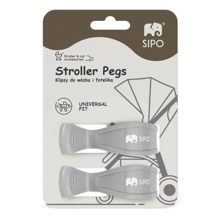 Sipo klipsy do wózka i fotelika – opakowanie z dwoma szarymi klipsami do mocowania akcesoriów.
