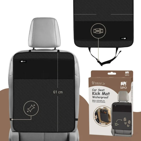 Sipo - mata ochronna na oparcie fotela samochodowego – czarna mata z wymiarami i opakowaniem produktu.