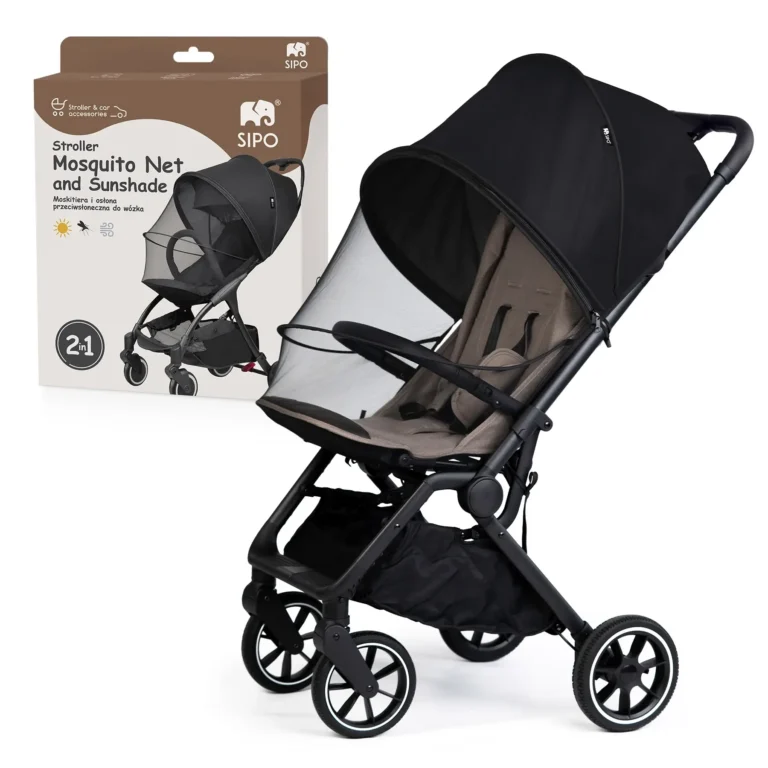 Sipo moskitiera i osłona przeciwsłoneczna do wózka – osłona 2w1 założona na wózek, pokazana obok opakowania produktu.