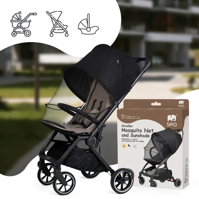 Sipo moskitiera i osłona przeciwsłoneczna do wózka – osłona 2w1 założona na wózek, pokazana obok opakowania produktu.