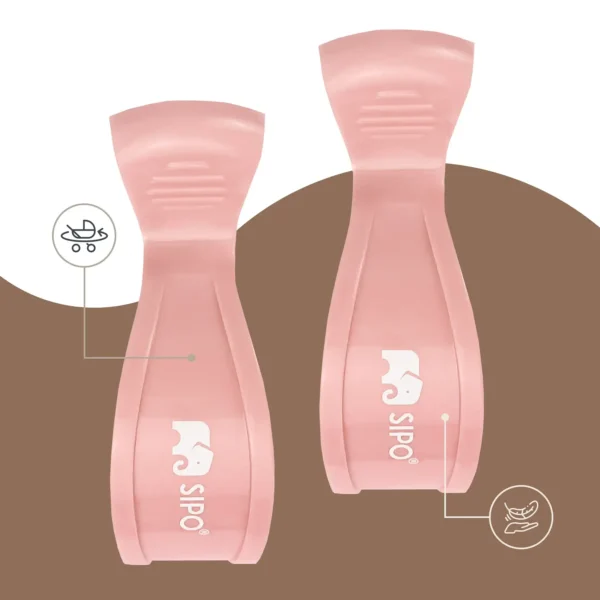 Sipo stroller pegs – product detail graphic with two pink clips