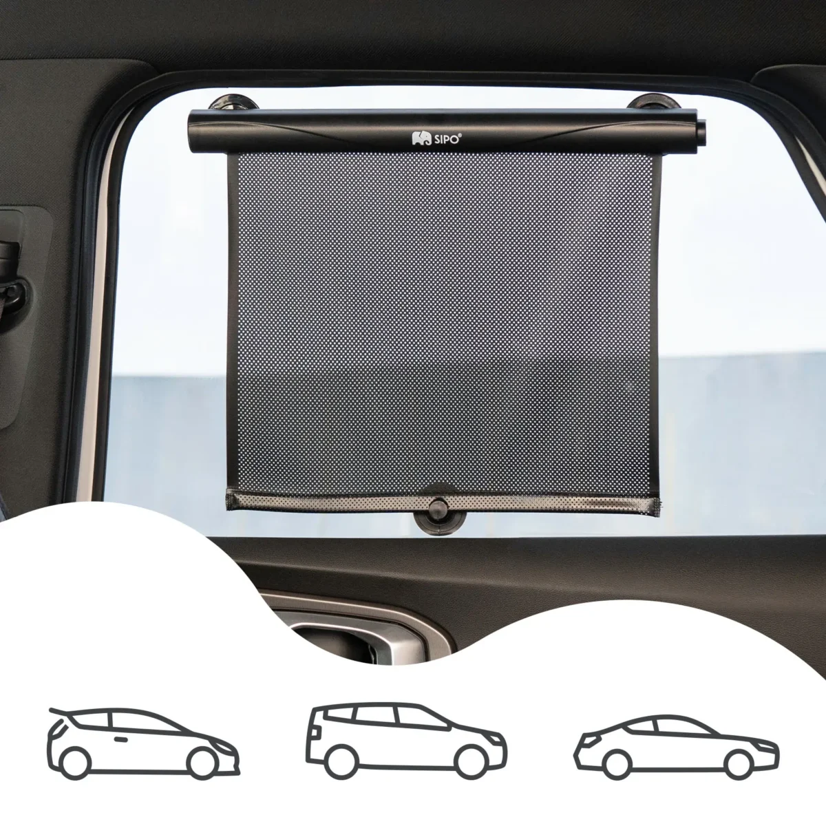 SIPO Car Roller Sunshade mounted on a rear car window