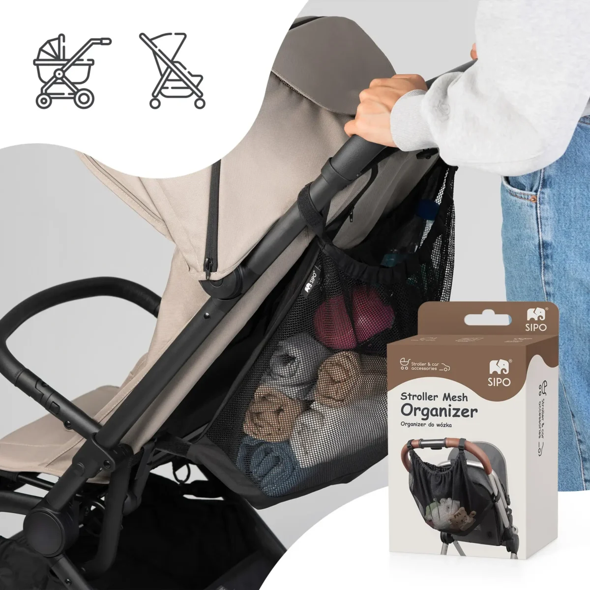 Sipo - organizer do wózka – czarny organizer do wózka pokazany z opakowaniem produktu.