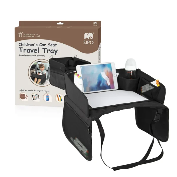 Sipo samochodowy stolik podróżny do fotelika – czarny stolik z kieszeniami i uchwytem na butelkę