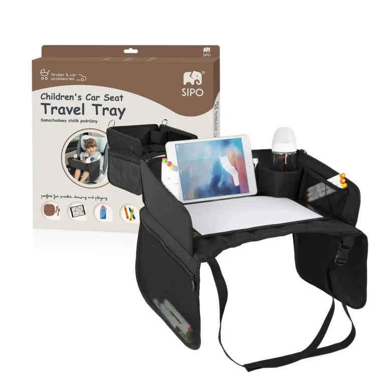 Sipo samochodowy stolik podróżny do fotelika – czarny stolik z kieszeniami i uchwytem na butelkę
