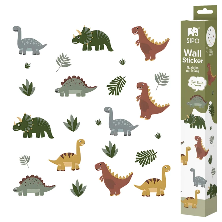 SIPO wall stickers – dinosaur set (e.g. triceratops, tyrannosaurus, diplodocus, stegosaurus) with plant leaves.
