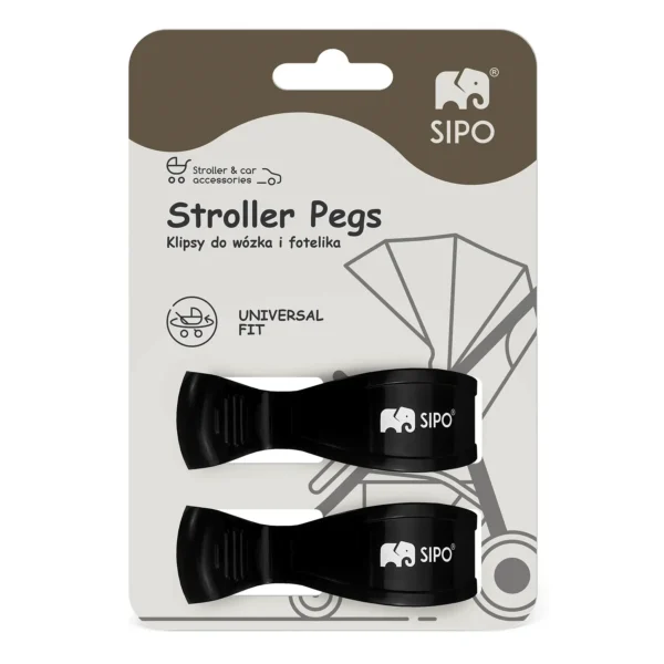 Sipo klipsy do wózka – opakowanie produktu z 2 czarnymi klipsami.